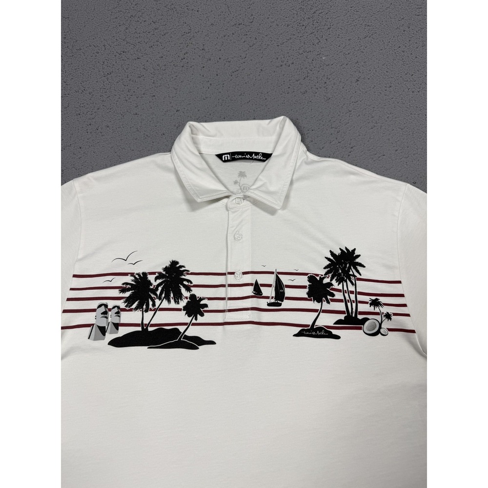 Travis Mathew Polo Shirt Mens Large White Palm Tree Graphic Pima Golf Tropical - Picture 2 of 9